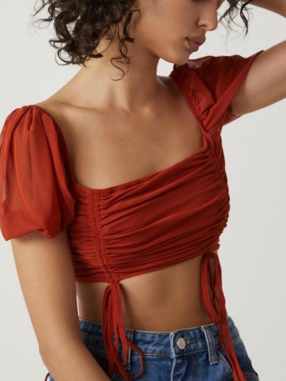 Nasty Gal Ruched Sheer Square Neck Crop Top in Rust